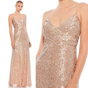 Mac Duggal Gold Sequin Spaghetti Strap Long Formal Gown Dress 4 Small 10817